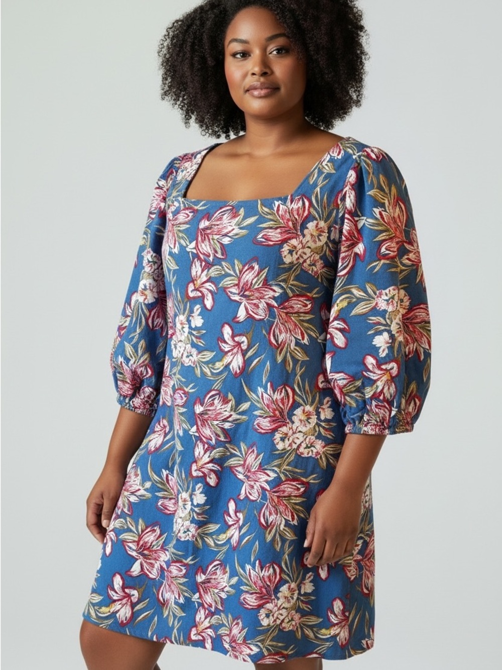a new day Blue Floral Square-Neck Puff-Sleeve Mini Dress Medium